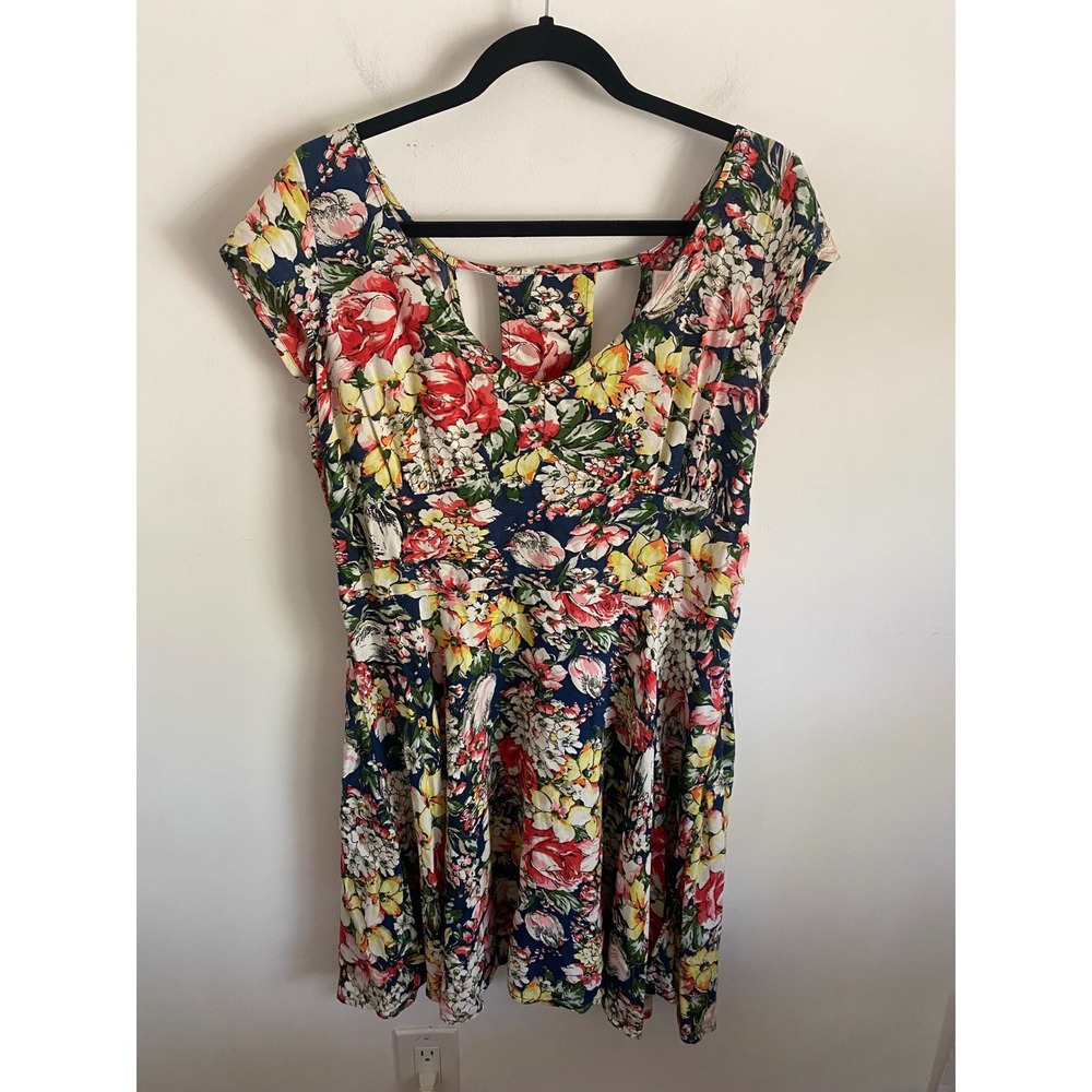 Abercrombie & Fitch Floral Fit & Flare Mini Dress Large Navy Red Cap Sleeve